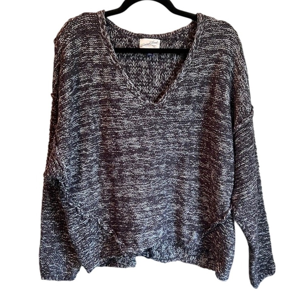 Universal Thread Marled Black White Knit V-Neck Sweater XL 100% Cotton Oversized